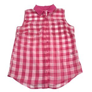 Aeropostale Womens Checkered Chiffon Tank Top Pink White Button Down Size medium